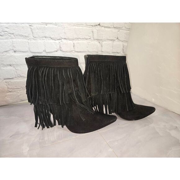 Nine West Fireball Womens Size 8M Black Fringed Bootie Heels - Picture 2 of 8